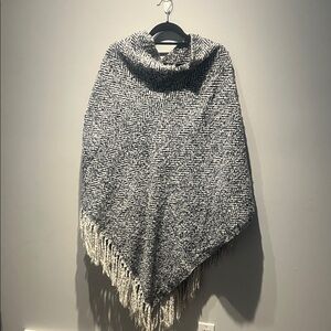 Gray/Navy Herringbone Poncho with Fringe